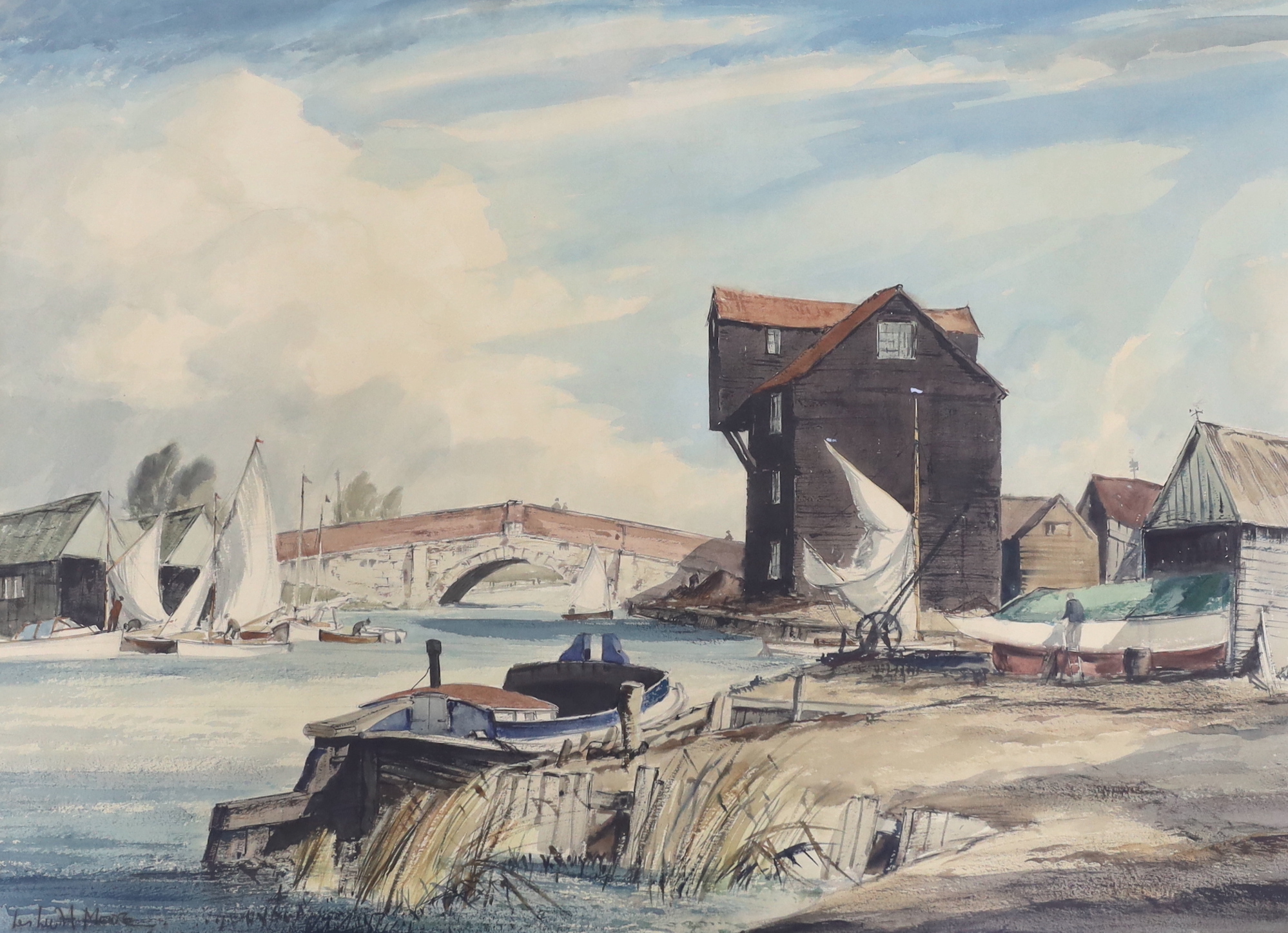 Leslie H. Moore (1907-1997), watercolour, Easter Wroxham Bridge, Norfolk, signed, inscribed Royal Institute of painters in watercolours label verso, 54 x 74cm